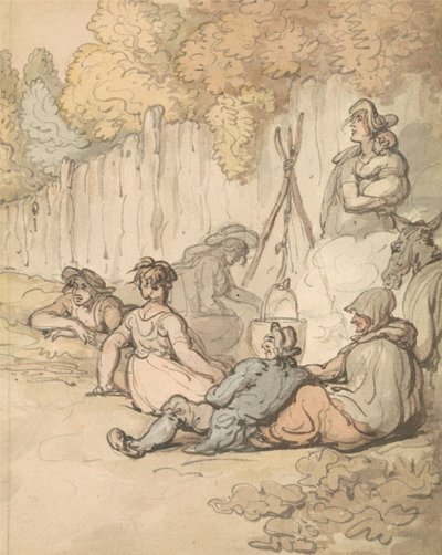 Cikáni vaří na otevřeném ohni od Thomas Rowlandson