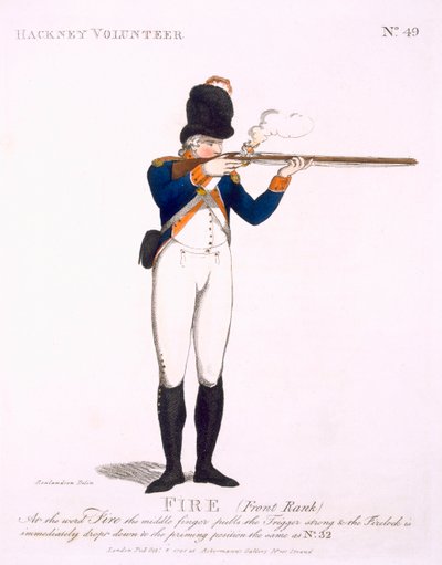 Hackney Volunteer, deska 49 z „Loyal Volunteers of London and Environs“, vydáno 1798 od Thomas Rowlandson