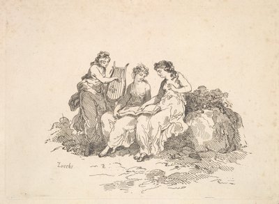 Harmony - Dvě nymfy zpívající, další hrající na lyru, 1784-88. od Thomas Rowlandson