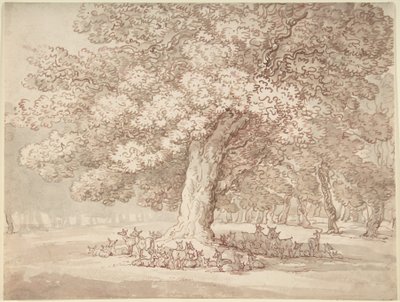 Stádo jelenů pod dubem od Thomas Rowlandson
