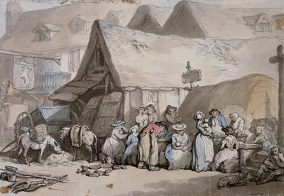Honiton, Devon: Boty a klobouky na prodej mimo Lion Inn, od Thomas Rowlandson
