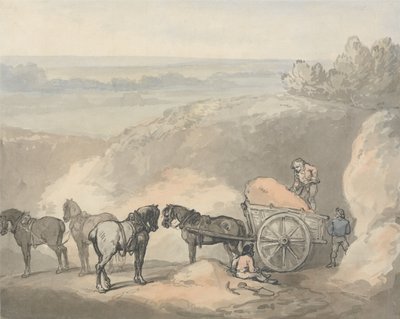 Koně a povoz u pískoviště od Thomas Rowlandson