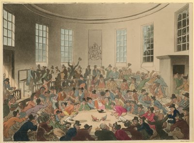 Ilustrace zobrazující dav sledující kohoutí zápas od Thomas Rowlandson