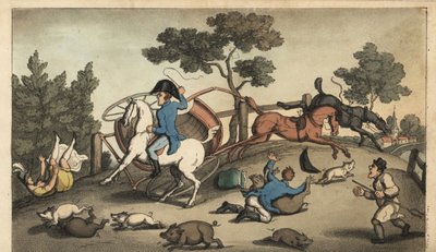 Johnny a Lady srazí koncert ve stádě prasat. Ručně kolorovaná mědirytina od W. Reada podle ilustrace Thomase Rowlandsona z knihy Alfreda Burtona The Adventures of Johnny Newcombe in the Navy, Simpkin, London od Thomas Rowlandson