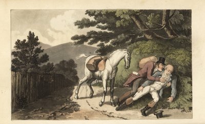 Johnny pomáhá cestovateli, který byl shozen z koně. Ručně kolorovaná mědirytina Thomase Rowlandsona z knihy Williama Combe The History of Johnny Quae Genus, the Little Foundling of the late Doctor Syntax. od Thomas Rowlandson