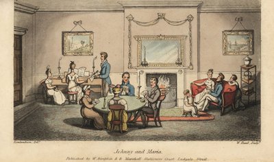 Johnny se dvoří Marii v salonu, zatímco ostatní hrají karty a zpívají písně před krbem. Ručně kolorovaná mědirytina od W. Reada podle ilustrace Thomase Rowlandsona z knihy Alfreda Burtona The Adventures of Johnny Newcombe in the Navy, Si od Thomas Rowlandson