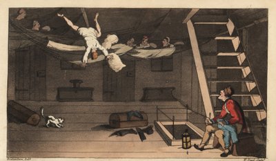 Johnny vypadne ze své houpací sítě ve své kajutě. Ručně kolorovaná mědirytina od W. Reada podle ilustrace Thomase Rowlandsona z knihy Alfreda Burtona The Adventures of Johnny Newcombe in the Navy, Simpkin, London od Thomas Rowlandson