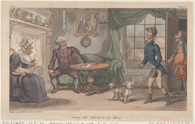 Johnny se vrátil ke své mámě z Vojenských dobrodružství Johnnyho Newcome, 1815, 1815. od Thomas Rowlandson