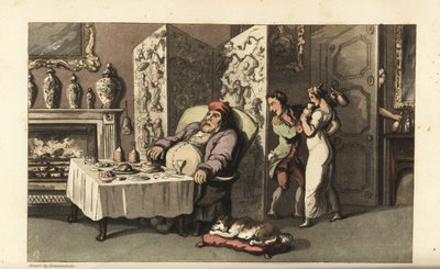 Johnny kradl pokojské Molly sklenku vína v salonu, zatímco sir Jeffery Gourmand spí u jídelního stolu. Téměř chycen jiným sluhou u dveří. Ručně kolorovaná mědirytina Thomase Rowlandsona z knihy Williama Combea The History of John od Thomas Rowlandson