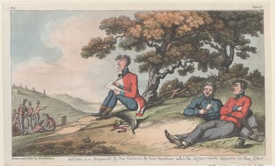 Johnny píše zprávu o akci své matce, která se poté objeví ve Hvězdě..., 1815. od Thomas Rowlandson