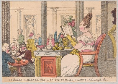 La Belle Liminaudiere v Café de Mille Colonne, Palais Royal, Paříž, hospoda. 1814 (ručně kolorovaná rytina) od Thomas Rowlandson