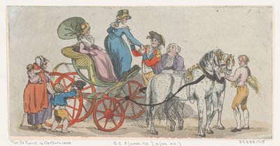 Dámy vystupují z kočáru z desky 16, Obrysy postav, Krajiny a..., 1. června 1790. od Thomas Rowlandson