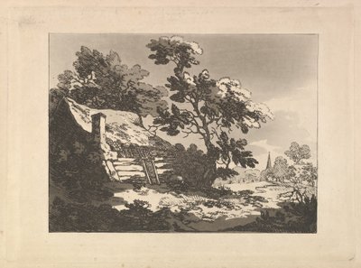 Krajina s chaloupkou mezi stromy vlevo a vzdálenou kostelní věží vpravo od Thomas Rowlandson