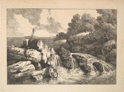 Krajina se dvěma rybáři šplhajícími po skalách vedle vodopádu, 1784-88. od Thomas Rowlandson
