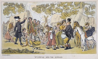 Le docteur et les Gypsies (ou Romanichels) - ve „“Třech cestách doktora Syntaxe: hledání malebné útěchy a manželky““ od Williama Combe, ill. Rowlandson od Thomas Rowlandson