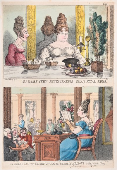 Madame Very Restauranteur, Palais Royal Paris a La Belle Liminaudiere v Caffee De Mille..., 1814. od Thomas Rowlandson