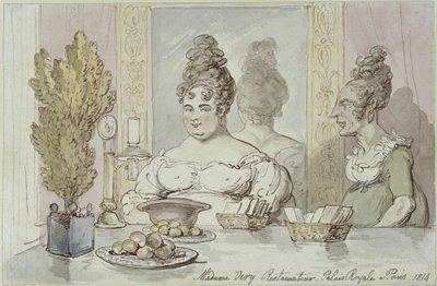 Paní Véry, majitelka restaurace. Palais Royal v Paříži od Thomas Rowlandson