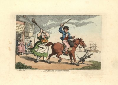 Muž mlátí tvrdohlavého koně kyjem, zatímco majitel Wido od Thomas Rowlandson