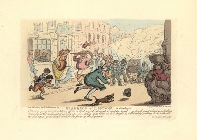 Muž honí svůj klobouk po blátivé ulici v silném větru. od Thomas Rowlandson