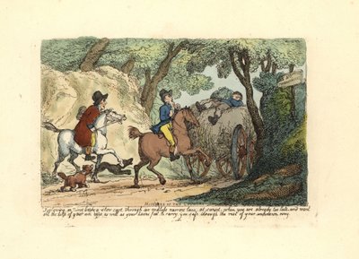 Muž na koni za pomalu jedoucím vozíkem na úzké uličce. od Thomas Rowlandson