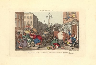 Muž přišpendlený ke dveřím rohy rozzuřeného vola. od Thomas Rowlandson