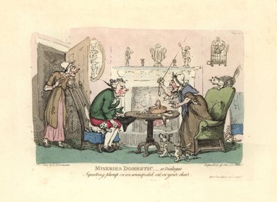 Muž sedící na překvapené kočce ve svém křesle. od Thomas Rowlandson