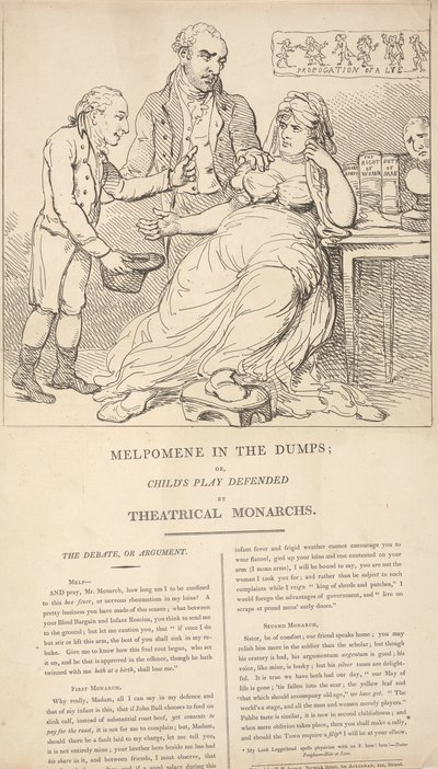 Melpomene v depresi; aneb Dětská hra v obraně divadelních panovníků od Thomas Rowlandson