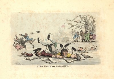 Muži a ženy bruslí na tenkém ledě a padají do mrazivého ri od Thomas Rowlandson