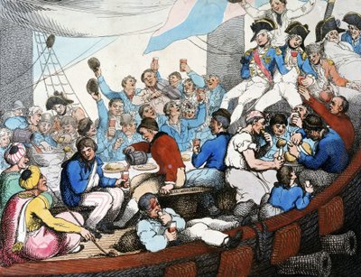 Napoleonské války, egyptské tažení (expedice) (1798-1801): Admirál Horatio Nelson (1758-1805) slaví se svými vojáky slavné vítězství v bitvě na Nilu (bitva u Abúkiru) (srpen 1798) na palubě své lodi. od Thomas Rowlandson