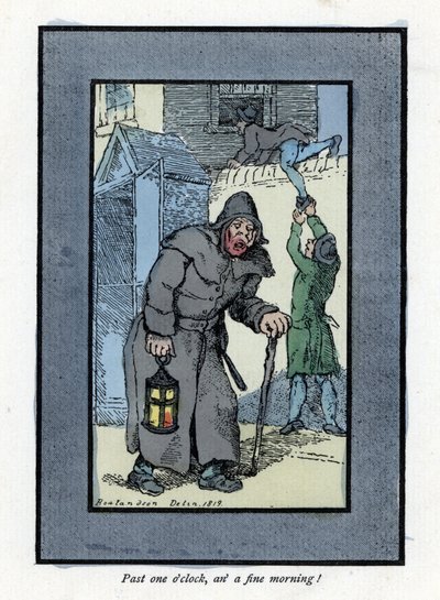 Noční hlídač s lucernou a holí, nevšímavý ke dvěma zlodějům vstupujícím do domu za ním (1819). Dřevoryt podle malby Thomase Rowlandsona (1756-1827), publikované v The Cris of London: se šesti okouzlujícími dětmi a téměř 40 iluzemi od Thomas Rowlandson
