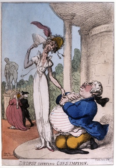 Obézní muž dvořící se pacientovi s tuberkulózou: vodnatelnost a konzum, počátek 19. století (karikatura) od Thomas Rowlandson