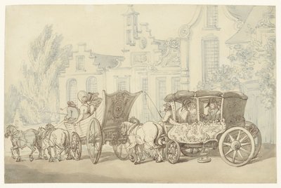 Otevřený prohlídkový vůz a kočár v kvaziholandské ulici od Thomas Rowlandson