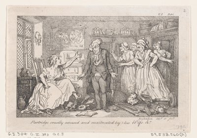 Partridge krutě obviněn a týrán svou manželkou, z Historie Toma Jonese, Fo..., 1792. od Thomas Rowlandson