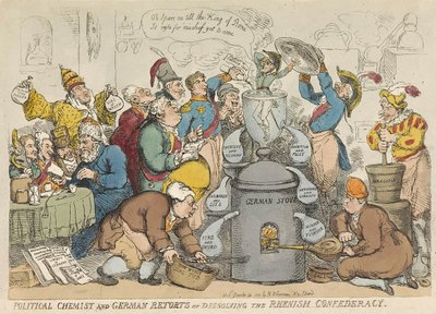 Politický chemik a německé repliky aneb rozpouštění rýnského spolku, hospoda. 1813 (ručně kolorovaná rytina) od Thomas Rowlandson