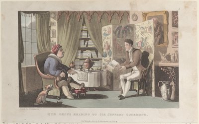 Quae Genus Reading to Sir Jeffery Gourmand, from The History of Johnny Quae Genu..., 1. března 1822. od Thomas Rowlandson