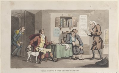 Quae Genus & The Money Lenders, z Historie Johnny Quae Genus, The L..., 1. září 1821. od Thomas Rowlandson