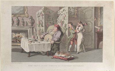 Quae Genus, ve službách s. Jefferyho Gourmanda, z Historie Johnnyho ..., 1. srpna 1821. od Thomas Rowlandson