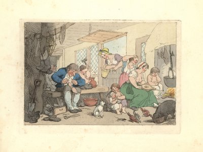 Regency švec opravuje boty v přeplněné místnosti. od Thomas Rowlandson