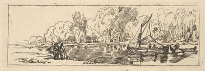 Scéna u řeky nebo rybníka: plachetnice a člun s postavami na bližším břehu od Thomas Rowlandson