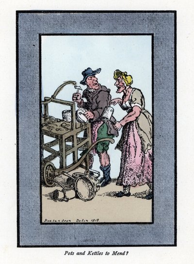 Roaming a klient retamer ukazující dno hrnce. Na přenosné lavici udeří kladivem do kovového hrnce. Dřevoryt podle malby Thomase Rowlandsona (1756-1827), publikované v The Cris of London: se šesti okouzlujícími dětmi a téměř 40 lety od Thomas Rowlandson
