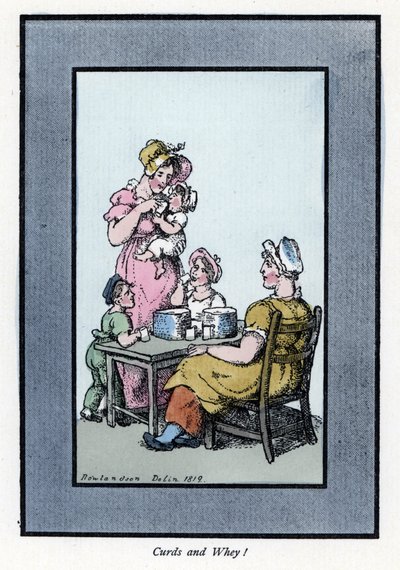 Sedící žena prodávající křepelčí mléko a mléko má matku a děti (1819). Dřevoryt podle malby Thomase Rowlandsona (1756-1827), publikované v The Cris of London: se šesti okouzlujícími dětmi a téměř 40 ilustracemi, Andrew Tuer, Field od Thomas Rowlandson