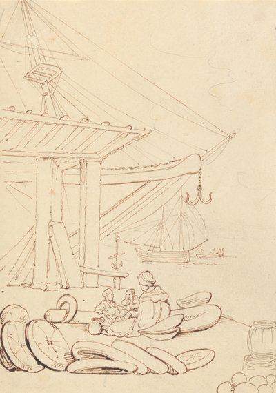 Náčrt ženy a dětí sedících na přístavním molu od Thomas Rowlandson