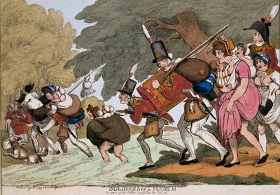 Vojáci na pochodu, rytina G.M.Woodwarda, vydáno 1811 (kolorovaný lept) od Thomas Rowlandson
