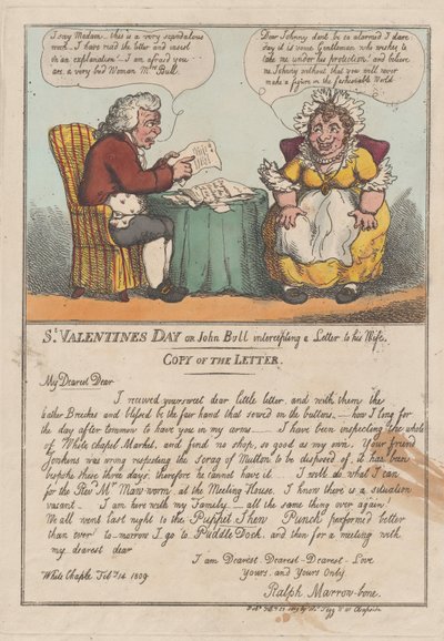 Den svatého Valentýna nebo John Bull zachycující dopis své ženě, únor ..., 23. února 1809. od Thomas Rowlandson