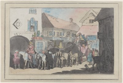 Dostavník a jezdci na dvoře hostince, příprava k odjezdu, 1789-95., 1789-95. od Thomas Rowlandson