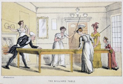 Billardův stůl ve filmu „Tři cesty doktora Syntaxe: hledání malebné útěchy a manželky“ od Williama Combe, ilustrovaný Rowlandsonem. London Edition, John Camden Hotten, Picadilly od Thomas Rowlandson