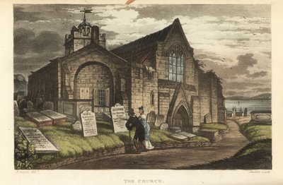 Kostel: staří turisté čtoucí náhrobky na gotickém hřbitově. Ručně kolorovaná mědirytina Thomas Rowlandson, akvatinta J.C. Stadler, podle skici J. Greena z Poetical Sketches of Scarborough, Ackermann, Londýn od Thomas Rowlandson