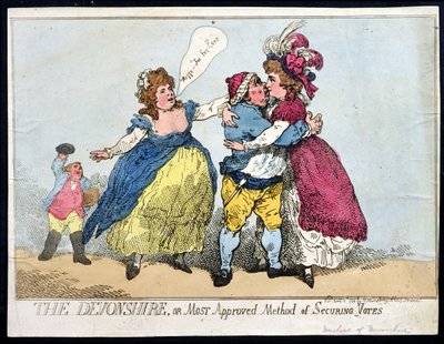 The Devonshire, nebo Most Approved Method of Securing Votes, publikoval William Humphrey v roce 1784 (ručně kolorovaný lept) od Thomas Rowlandson