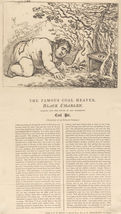 Slavný černý uhlíř, Black Charley, hledí do ústí nádherného uhelného dolu od Thomas Rowlandson