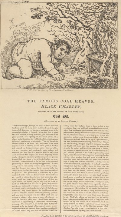Slavný černý nosič uhlí, Black Charley, hledící do ústí podivuhodného uhelného dolu od Thomas Rowlandson